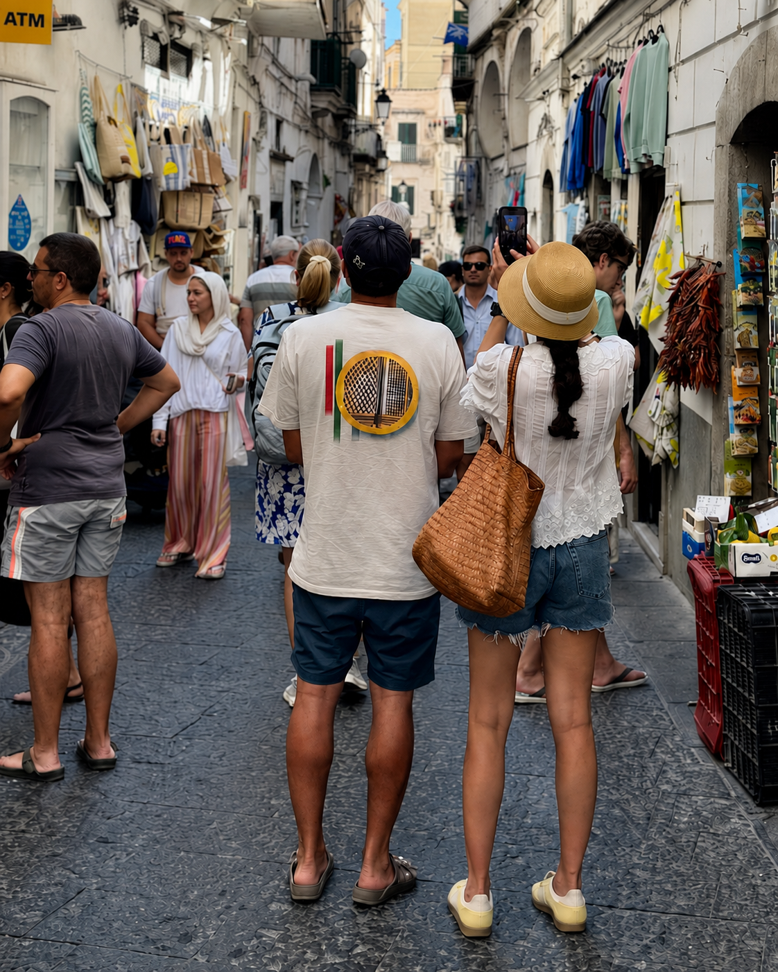 Man wearing the cream heavyweight Keffiyeh Sun Palestinian T-shirt, shown from the back on a crowded shopping street.