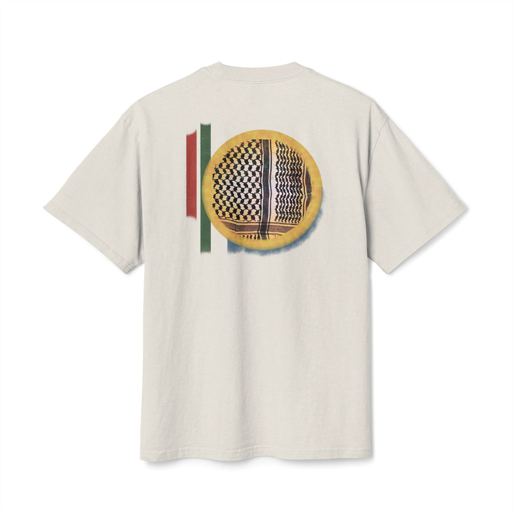 Back view of cream heavyweight Kufiyyeh Sun Palestinian T-shirt with yellow sun and black-and-white keffiyeh artwork.