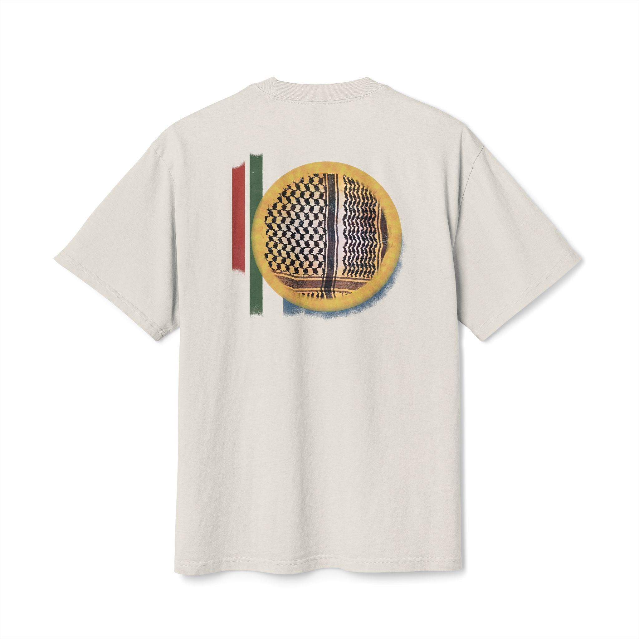 Back view of cream heavyweight Kufiyyeh Sun Palestinian T-shirt with yellow sun and black-and-white keffiyeh artwork.