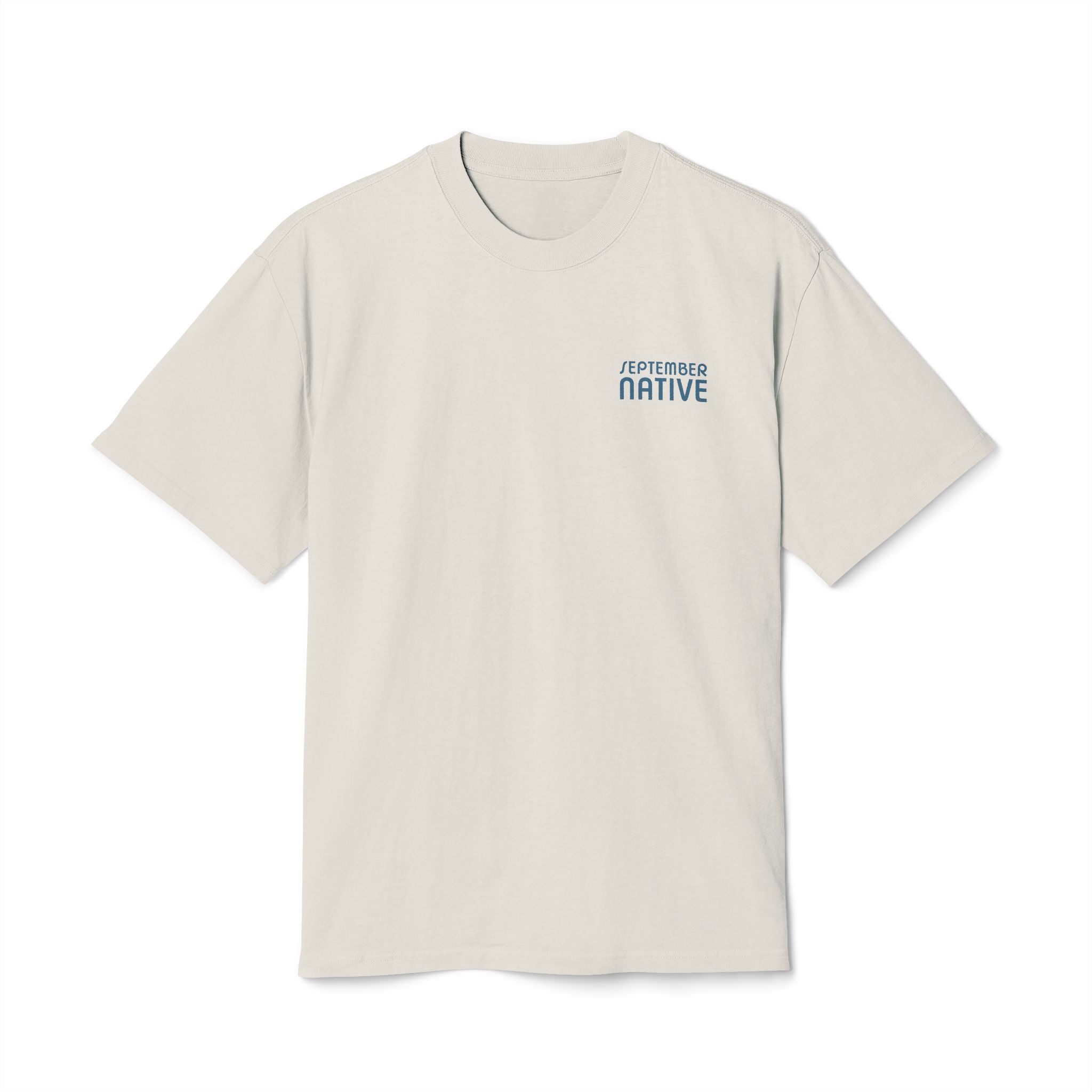 Front view of cream heavyweight Kufiyyeh Sun Palestinian T-shirt with blue September Native chest logo.