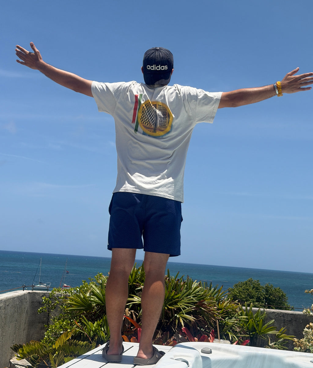 Man wearing the cream heavyweight Kufiyyeh Sun Palestinian T-shirt, shown from the back with arms outstretched by the ocean.