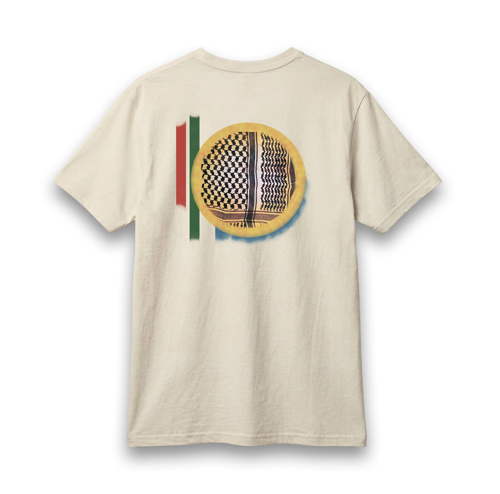 Back view of cream lightweight Kufiyyeh Sun Palestinian T-shirt with yellow sun and black-and-white kufiyyeh artwork.