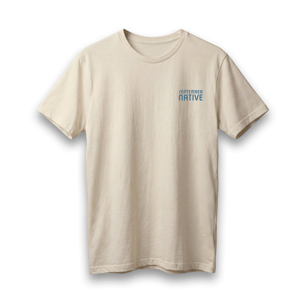 Front view of cream lightweight Kufiyyeh Sun Palestinian T-shirt with blue September Native chest logo.