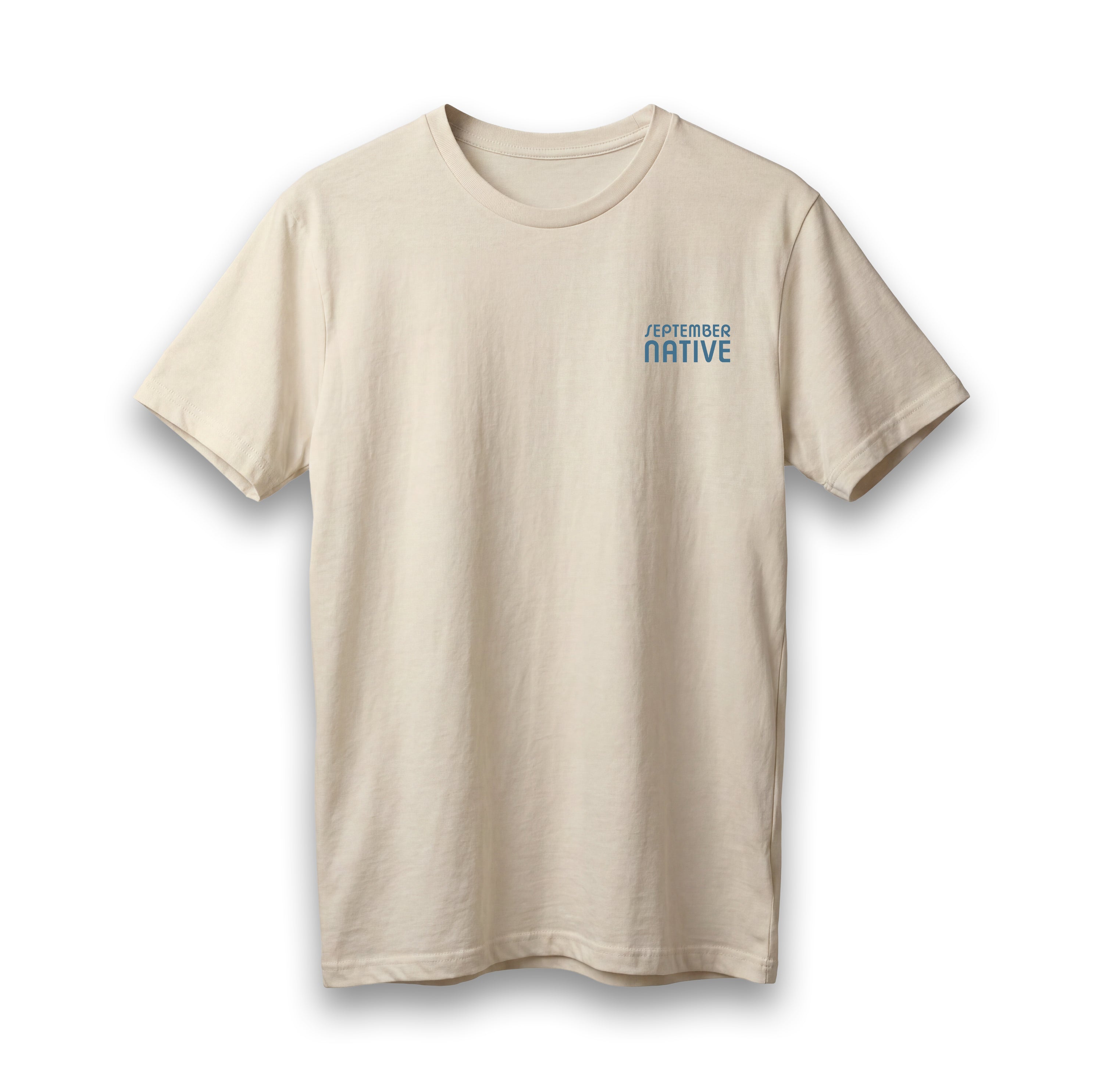 Front view of cream lightweight Kufiyyeh Sun Palestinian T-shirt with blue September Native chest logo.