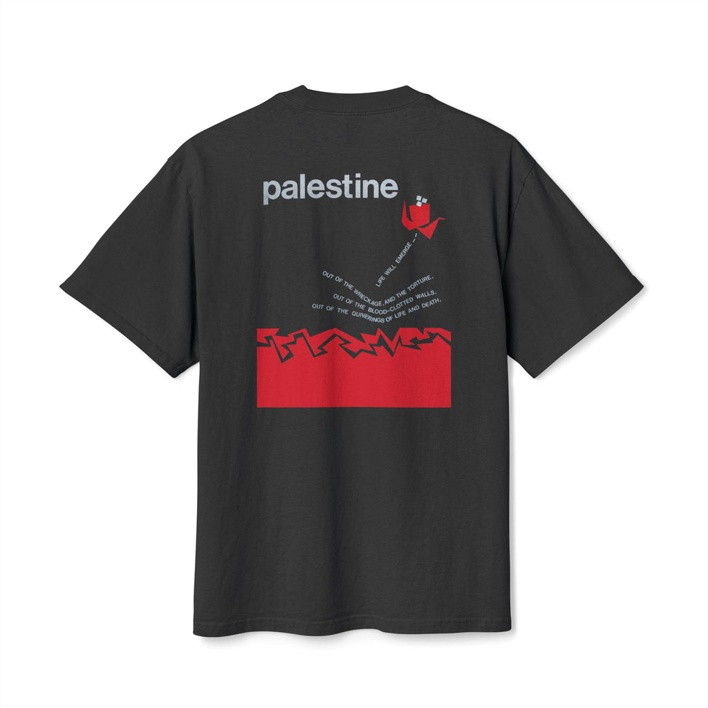 Back view of black heavyweight Life Will Emerge Palestinian T-shirt with red, white, and gray artwork.
