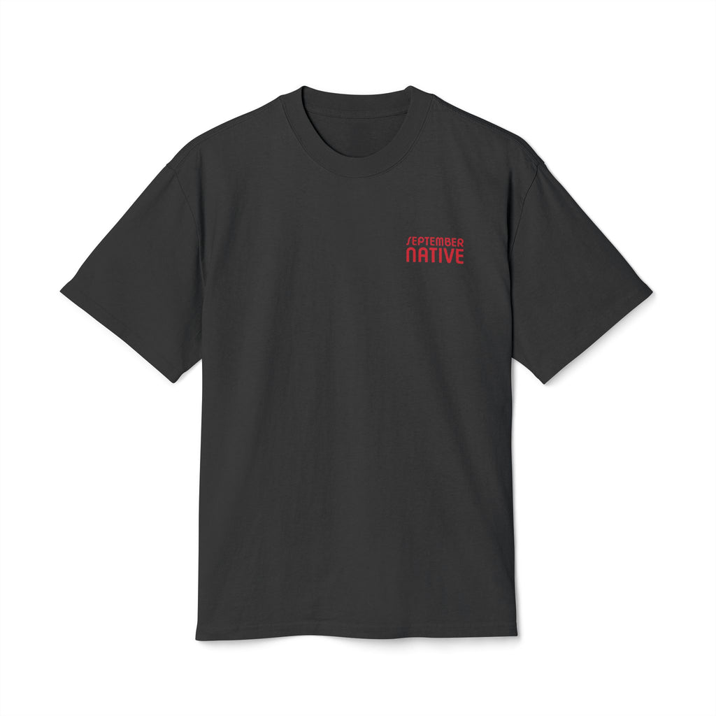 Front view of black heavyweight Life Will Emerge Palestinian T-shirt with September Native chest logo.