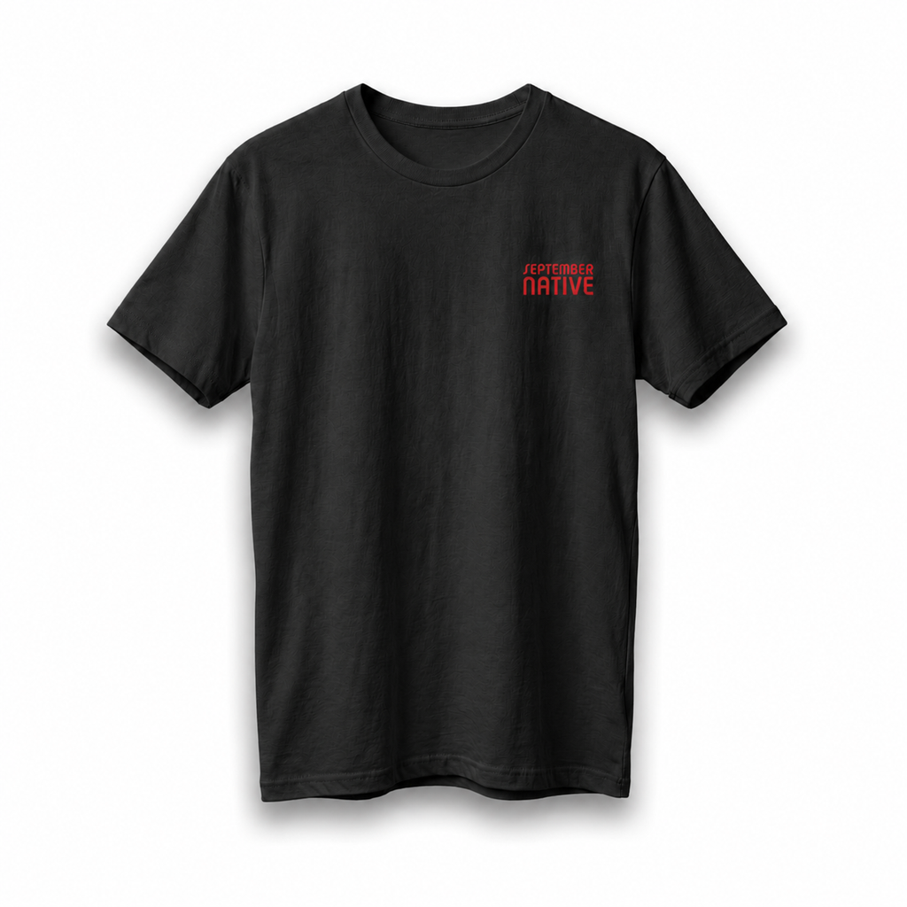 Front view of black lightweight Life Will Emerge Palestinian T-shirt with September Native chest logo.