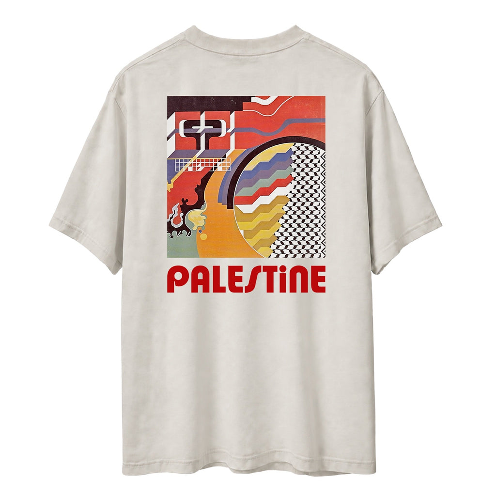 Back view of Faded Bone heavyweight Palestinian Geometry T-shirt with colorful geometric artwork and Palestine text.