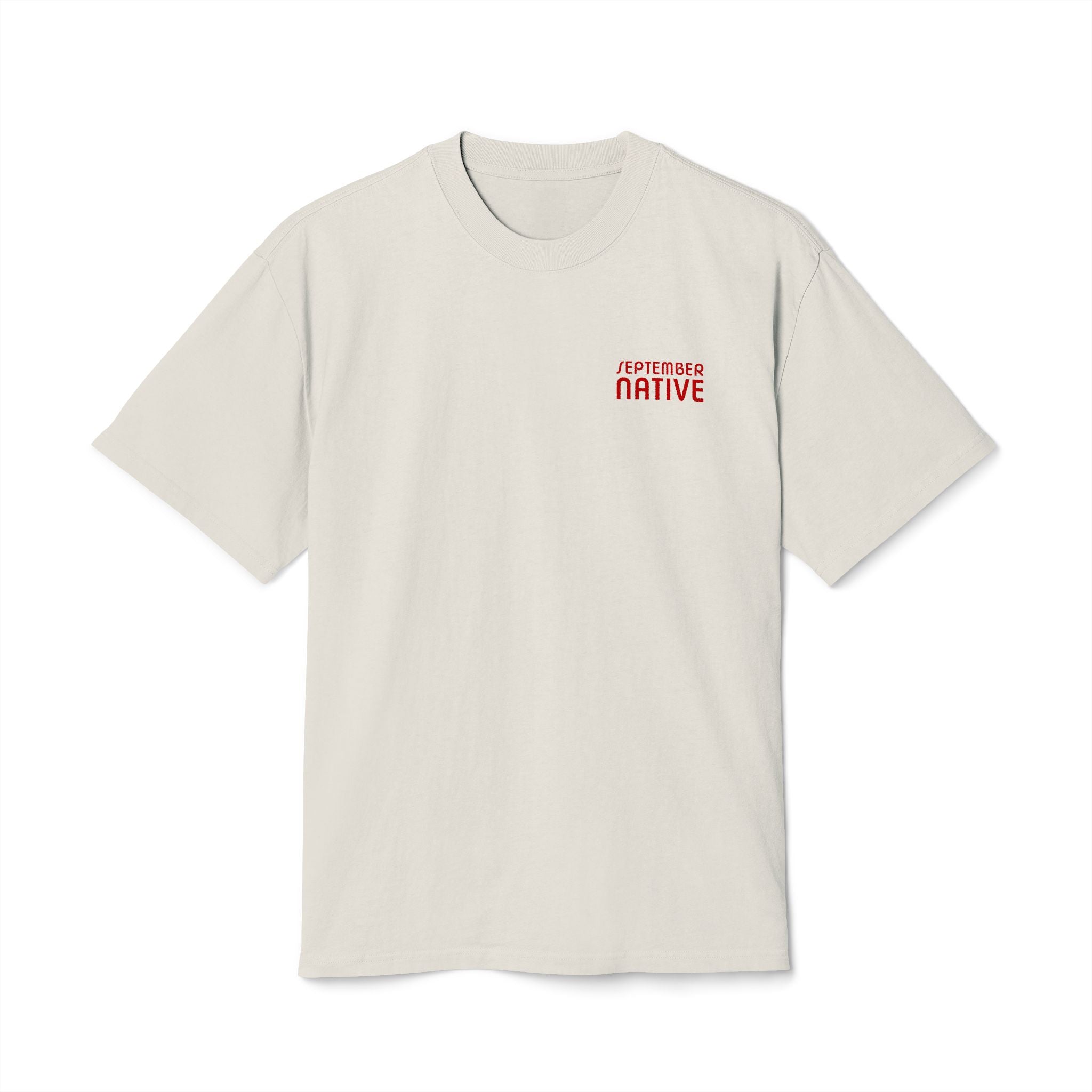 Front view of cream Palestinian Geometry T-shirt with red September Native chest logo.
