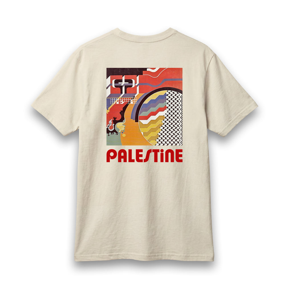 Back view of cream Palestinian Geometry T-shirt with colorful geometric artwork and Palestine text.
