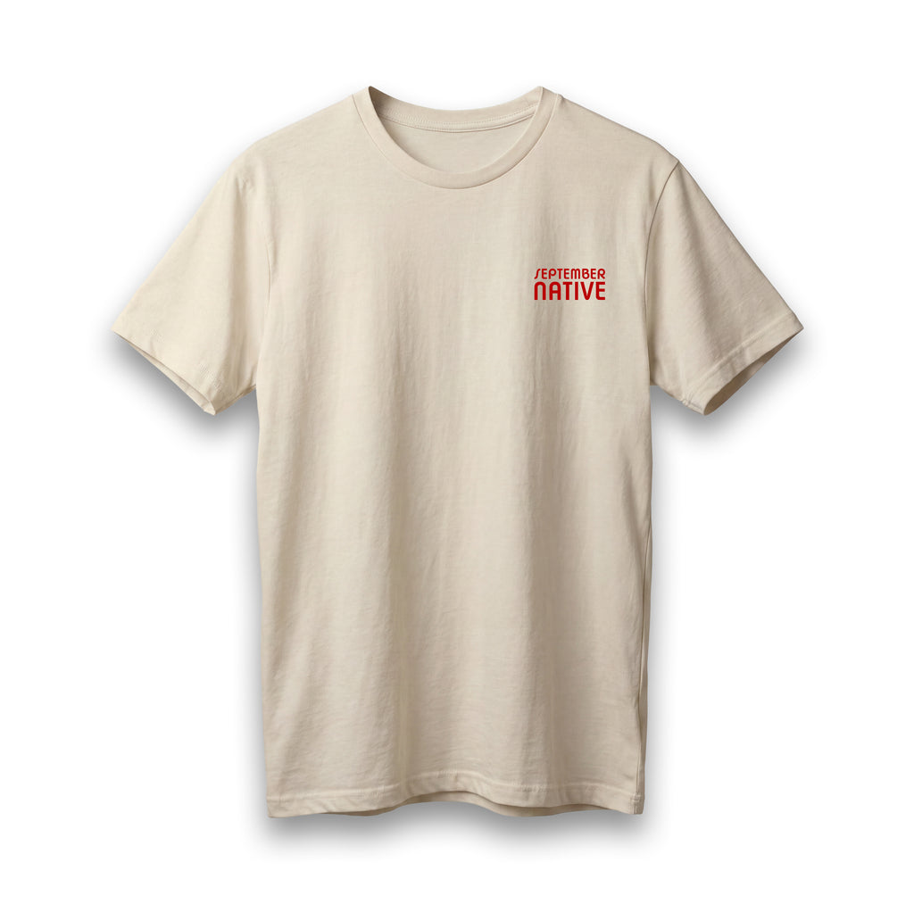 Front view of cream Palestinian Geometry T-shirt with red September Native chest logo.
