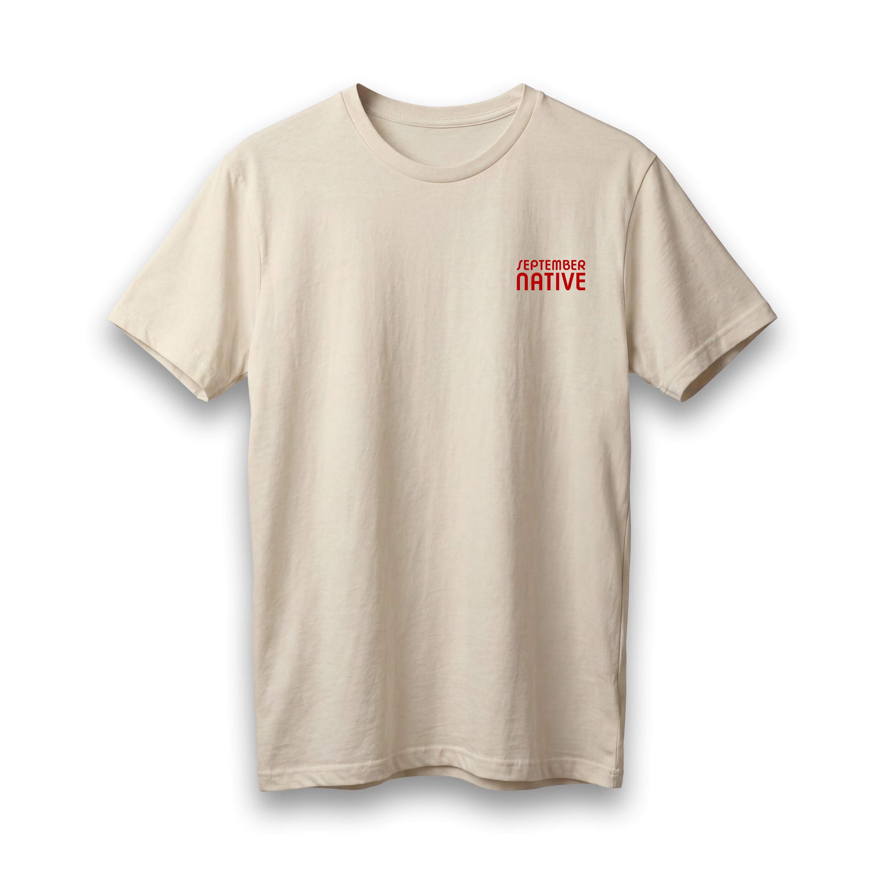 Front view of cream Palestinian Geometry T-shirt with red September Native chest logo.
