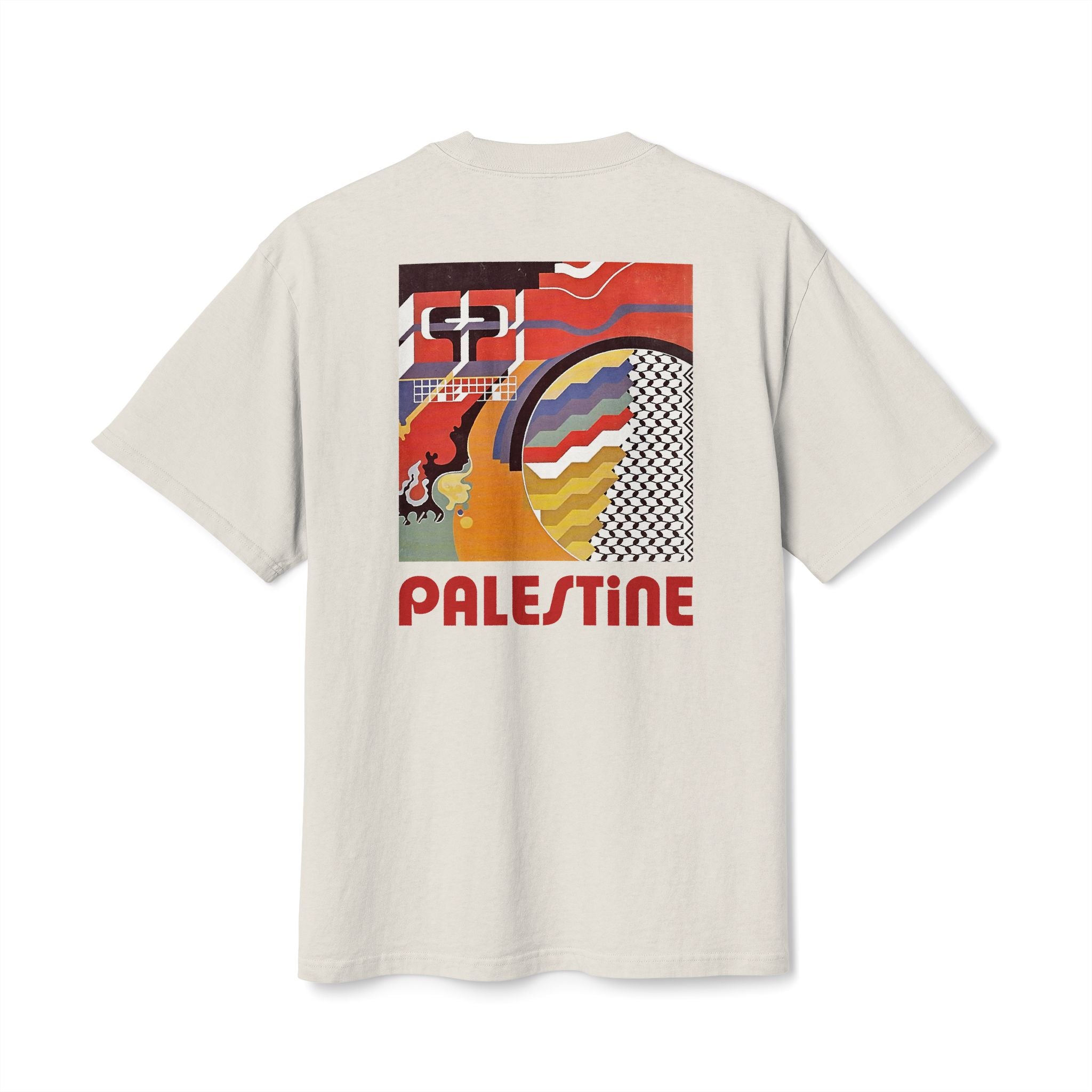 Back view of cream Palestinian Geometry T-shirt with colorful geometric artwork and Palestine text.