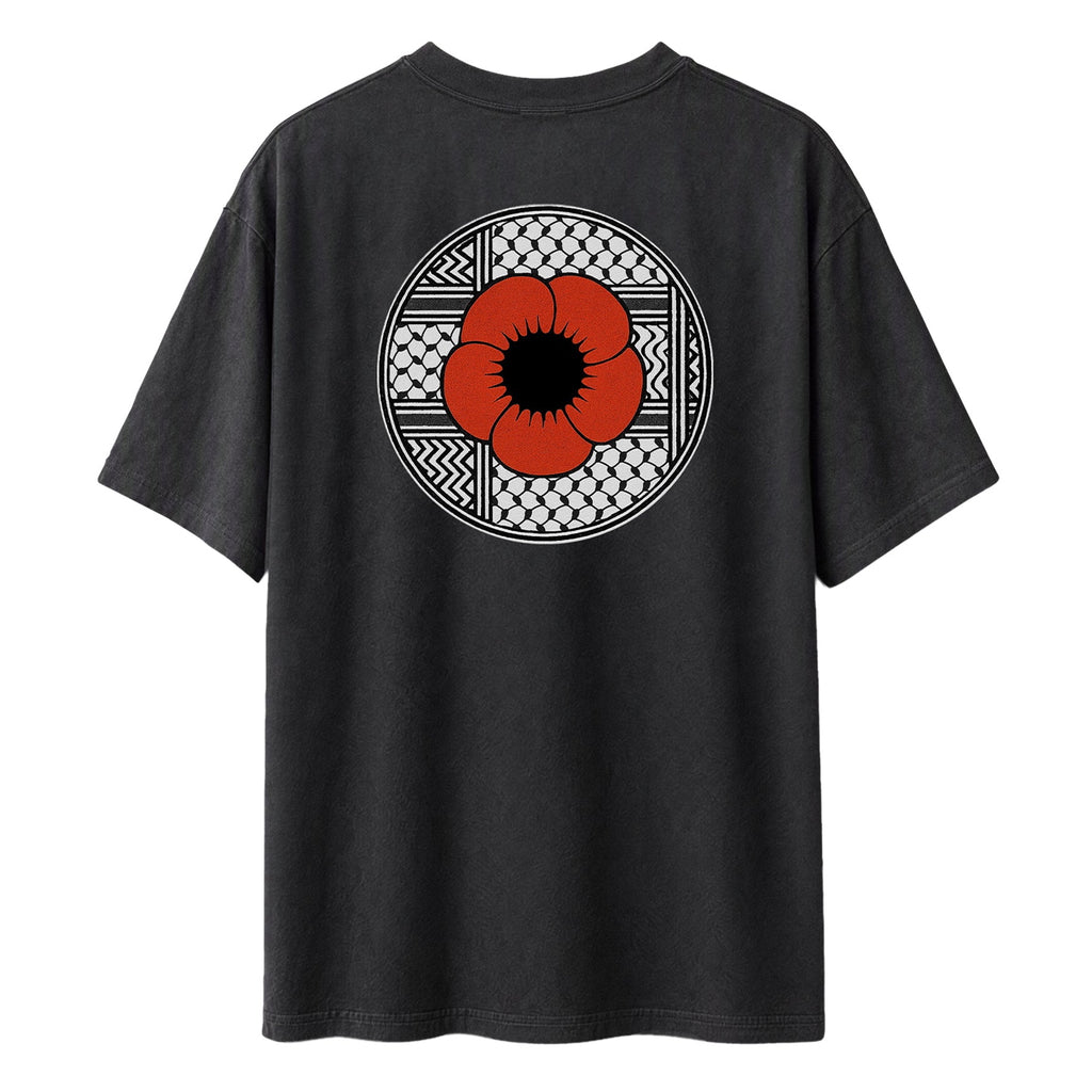 Back view of faded black heavyweight Palestinian Poppy T-shirt with red poppy and keffiyeh back design.