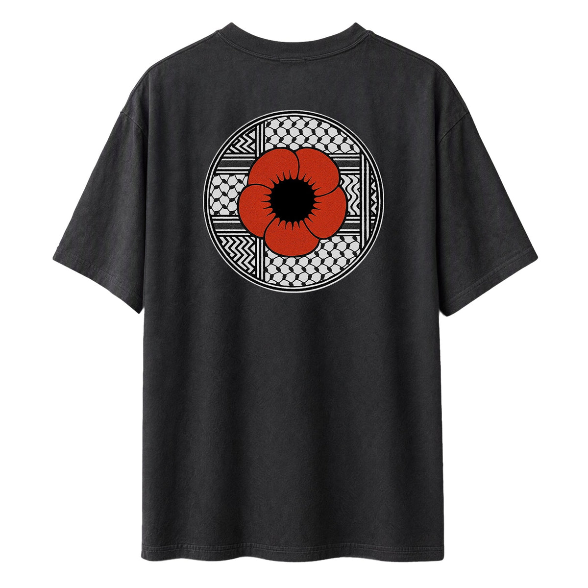 Back view of faded black heavyweight Palestinian Poppy T-shirt with red poppy and keffiyeh back design.