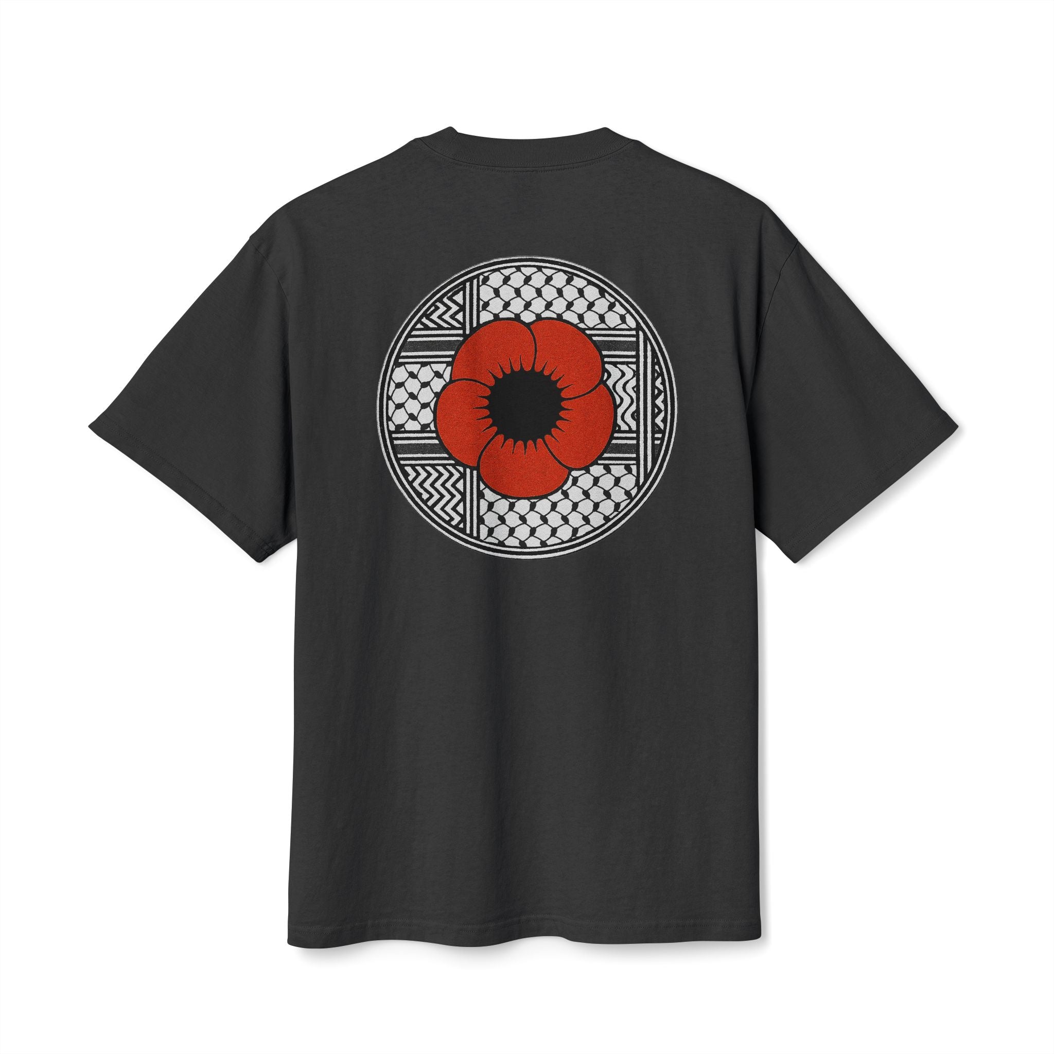 Back view of [color] heavyweight Poppy Palestinian T-shirt with red poppy artwork.