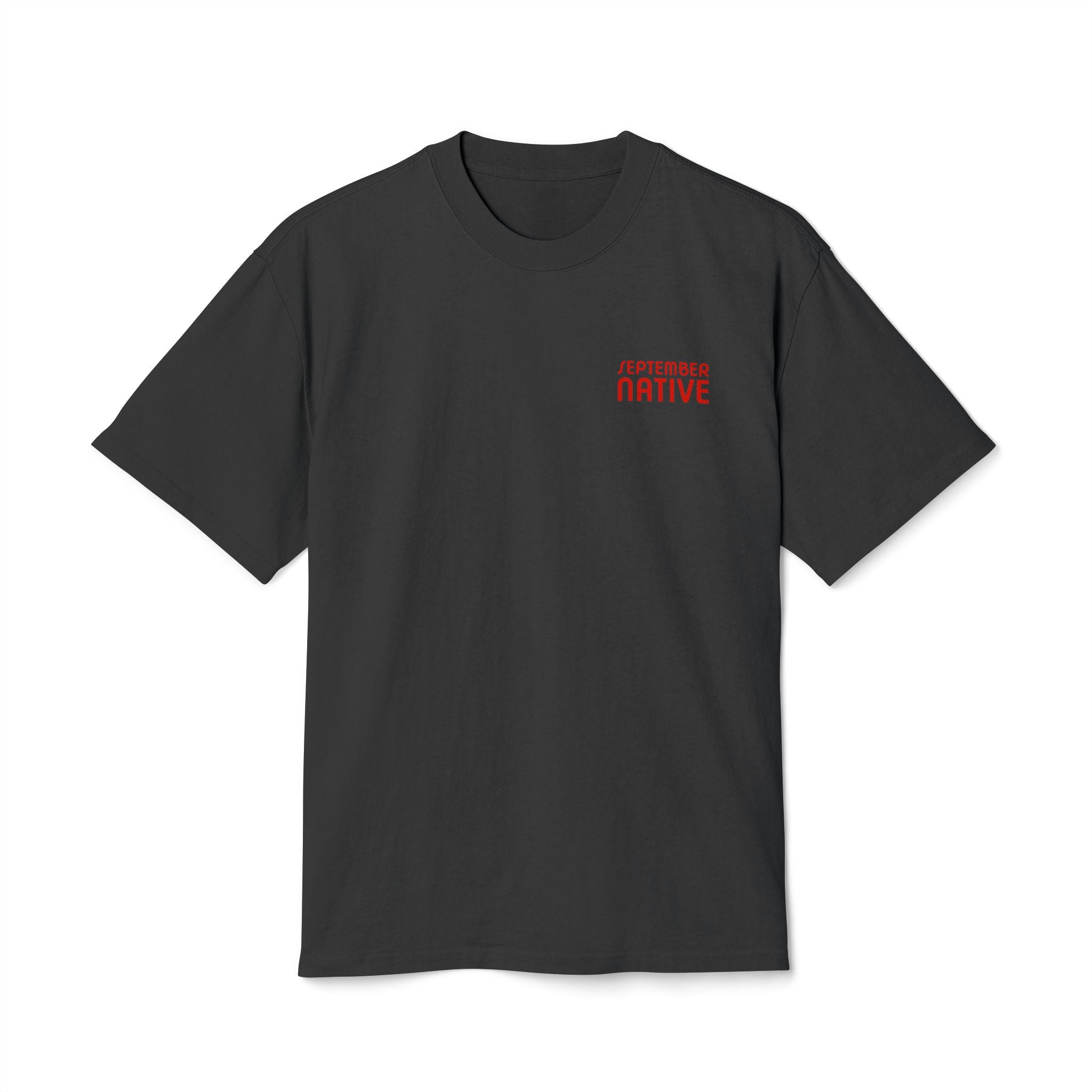 Front view of [color] heavyweight Poppy Palestinian T-shirt with September Native chest logo.