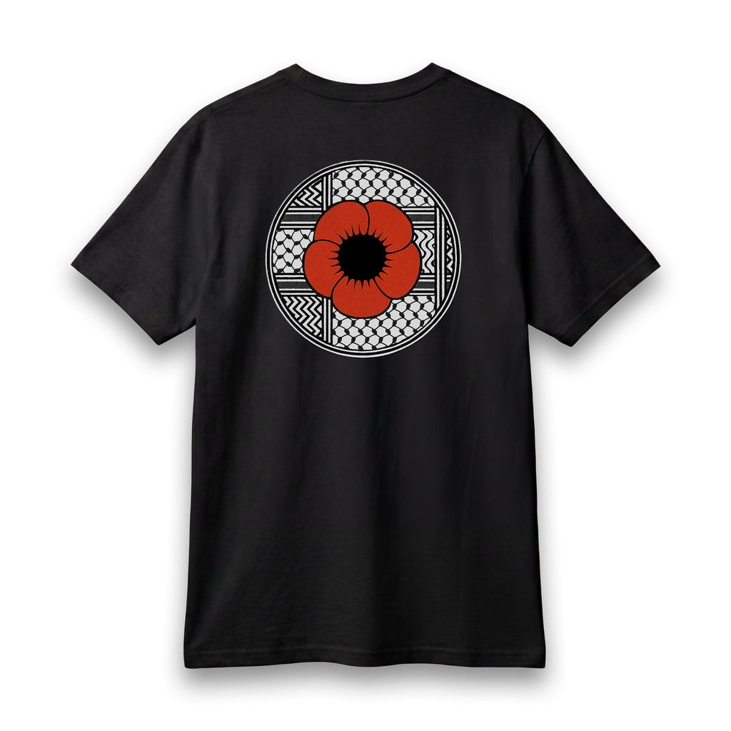 Back view of [color] lightweight Poppy Palestinian T-shirt with red poppy artwork.