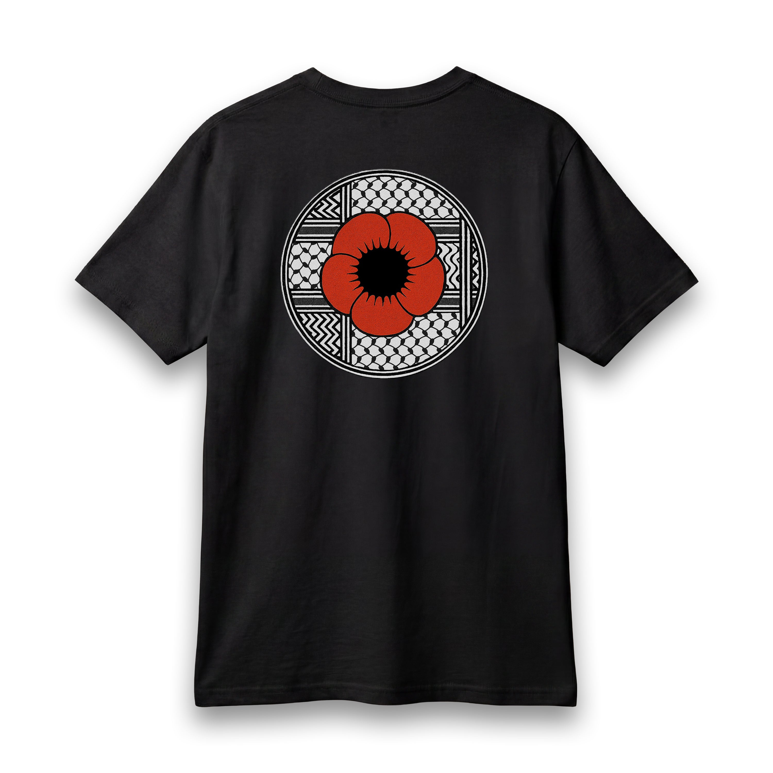 Back view of [color] lightweight Poppy Palestinian T-shirt with red poppy artwork.