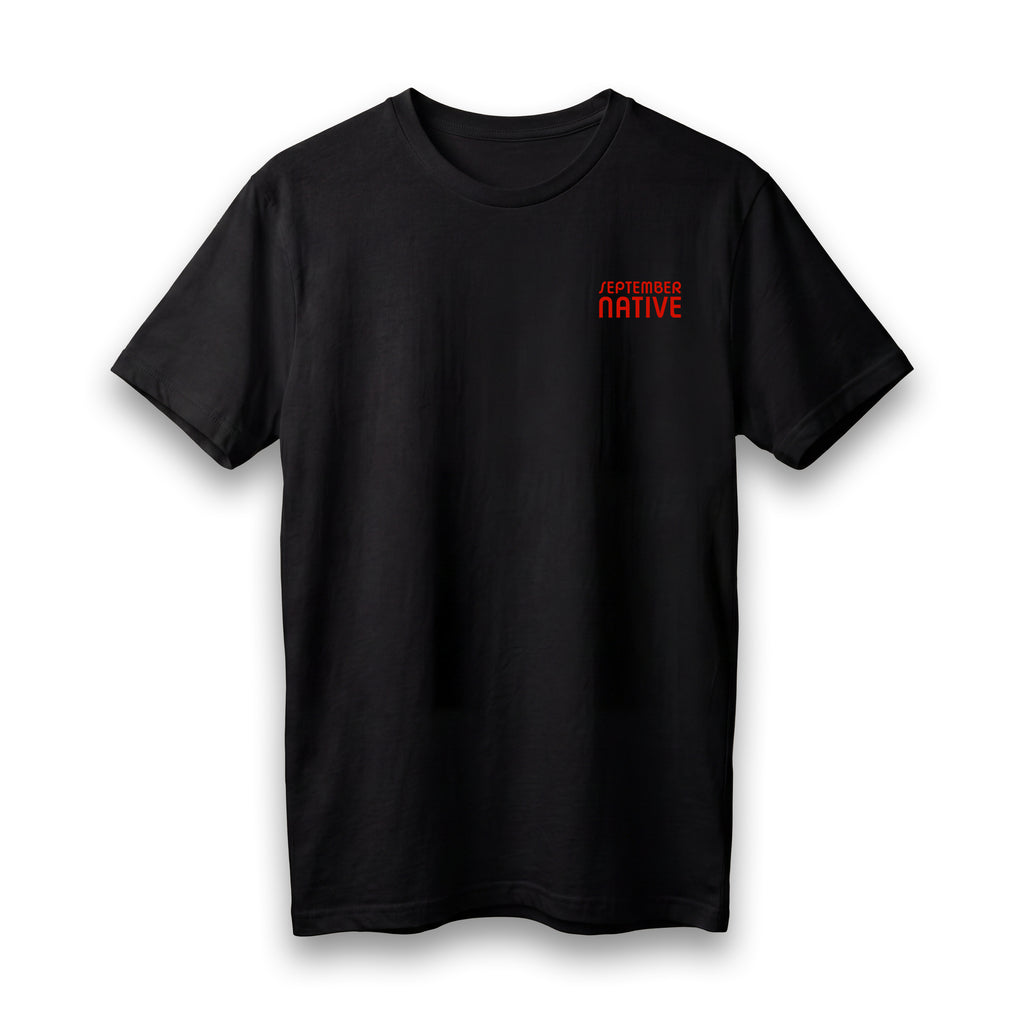 Front view of [color] lightweight Poppy Palestinian T-shirt with September Native chest logo.