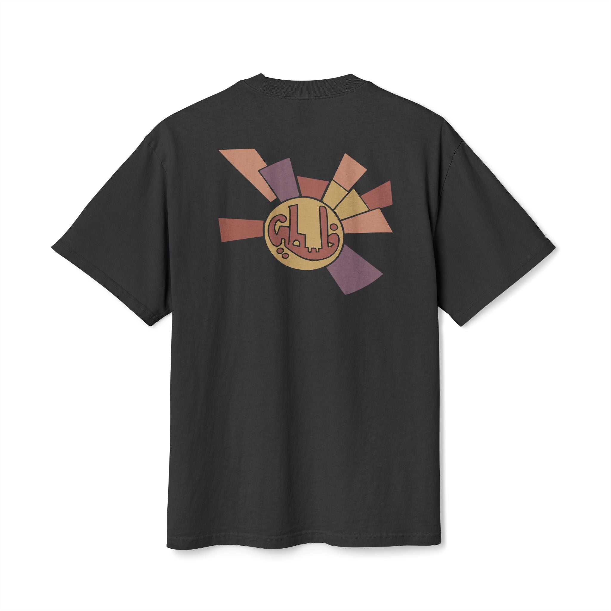 Back view of black heavyweight Sun Medallion Palestinian T-shirt with colorful geometric medallion artwork.