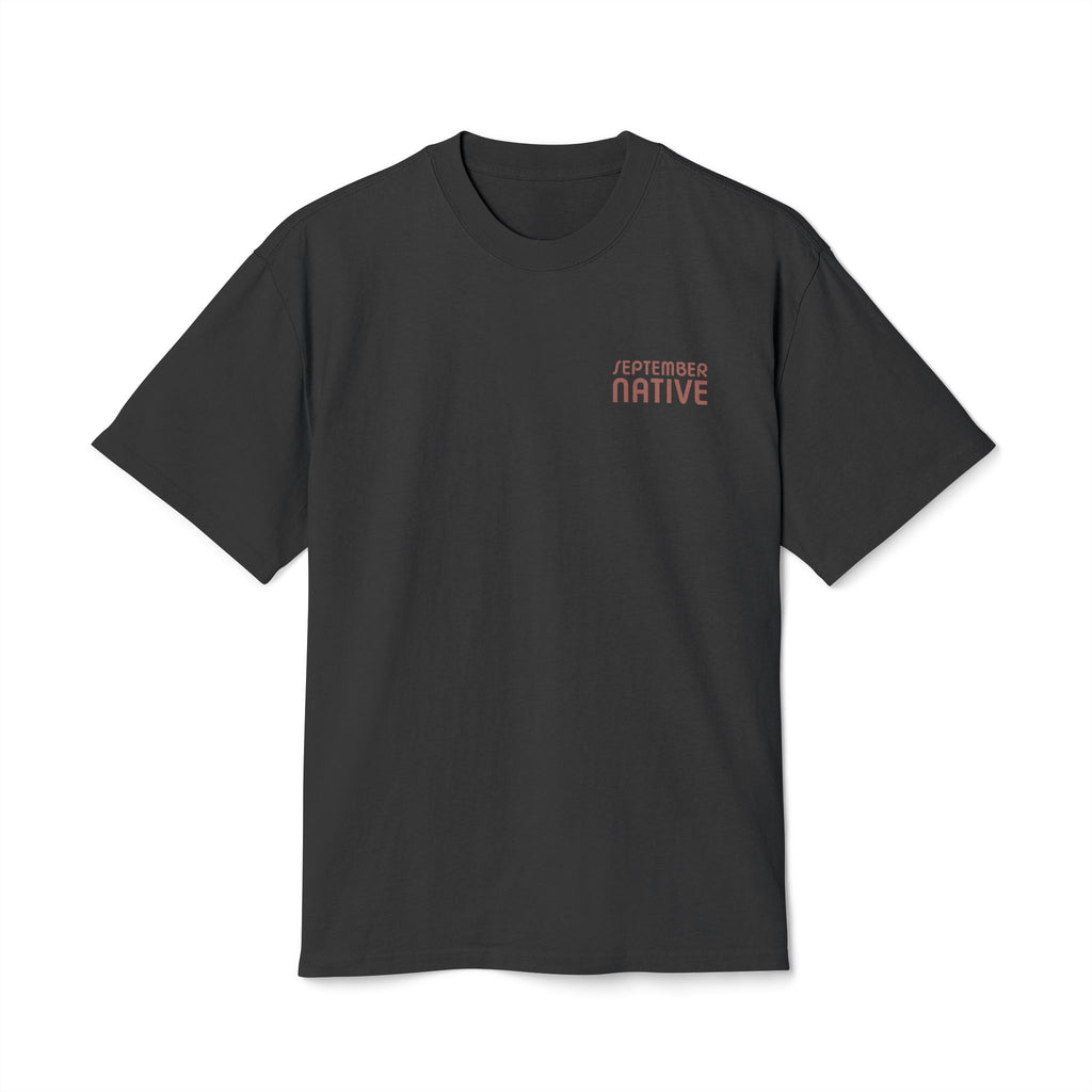 Front view of black heavyweight Sun Medallion Palestinian T-shirt with September Native chest logo.