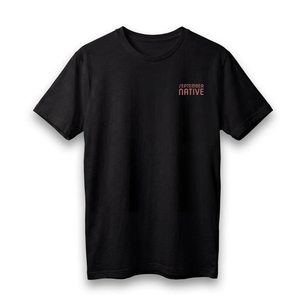 Front view of black lightweight Sun Medallion Palestinian T-shirt with September Native chest logo.