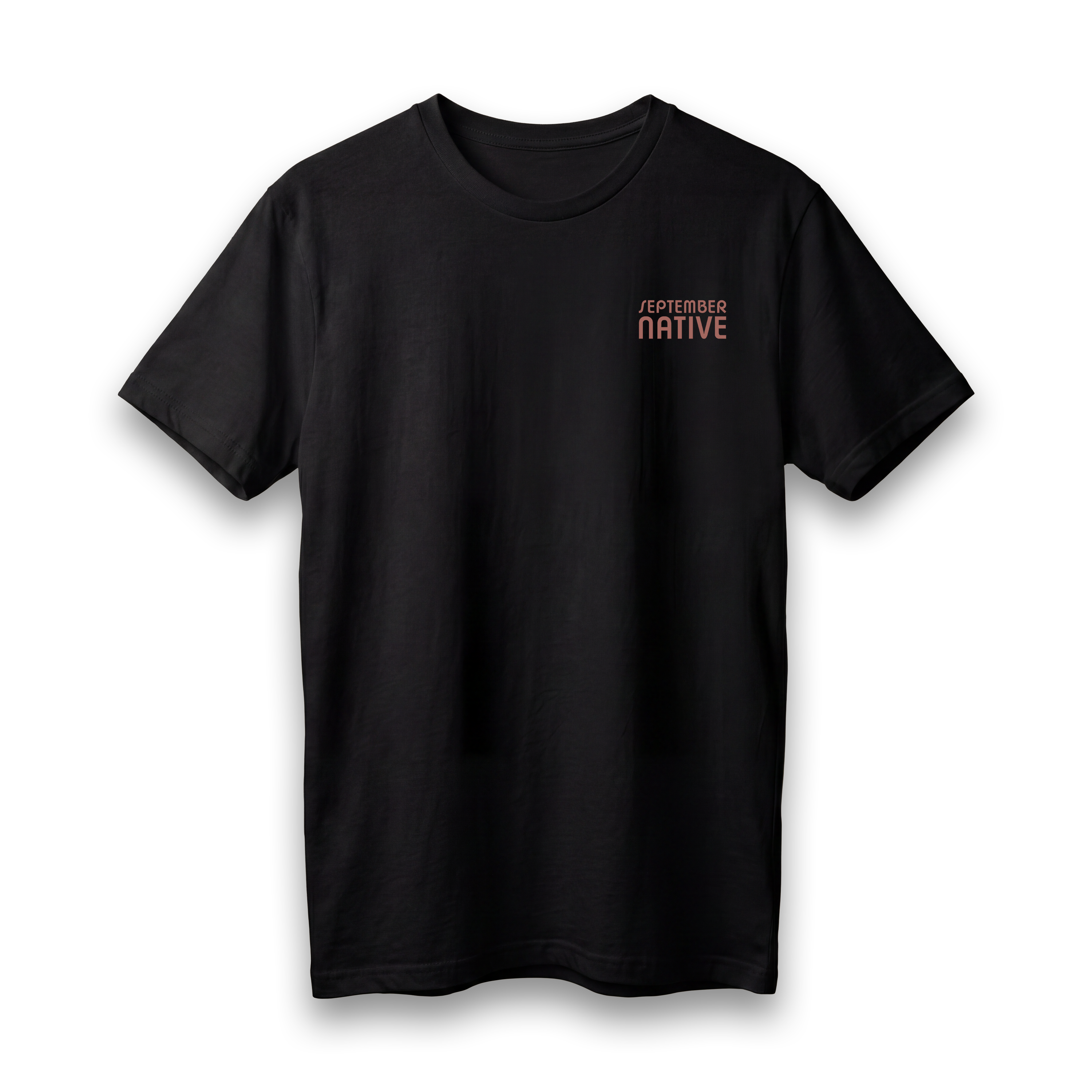 Front view of black lightweight Sun Medallion Palestinian T-shirt with September Native chest logo.